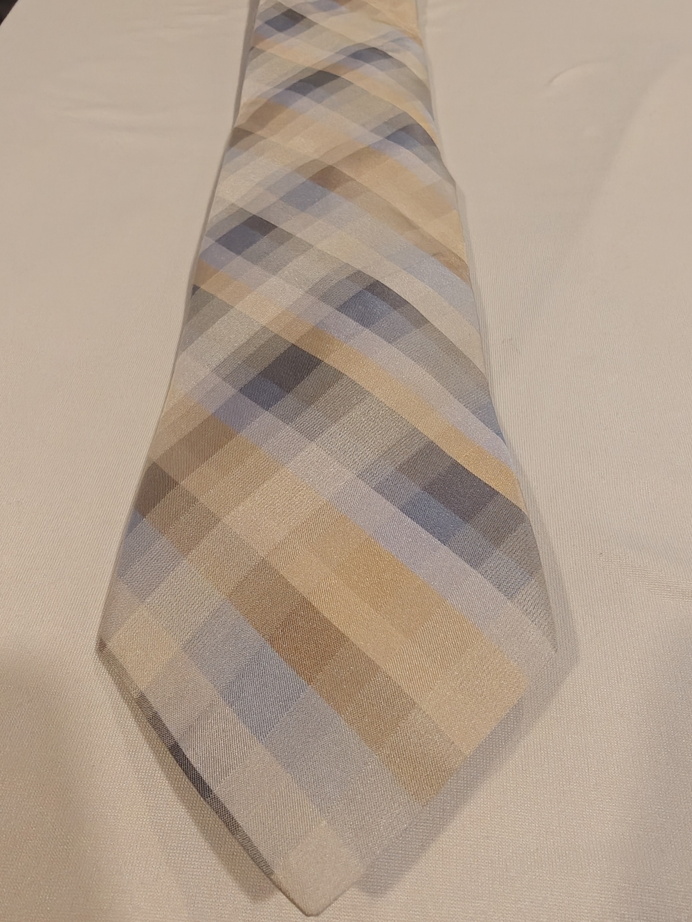 Perry Ellis Plaid Silk Tie in Beige and Light Blue